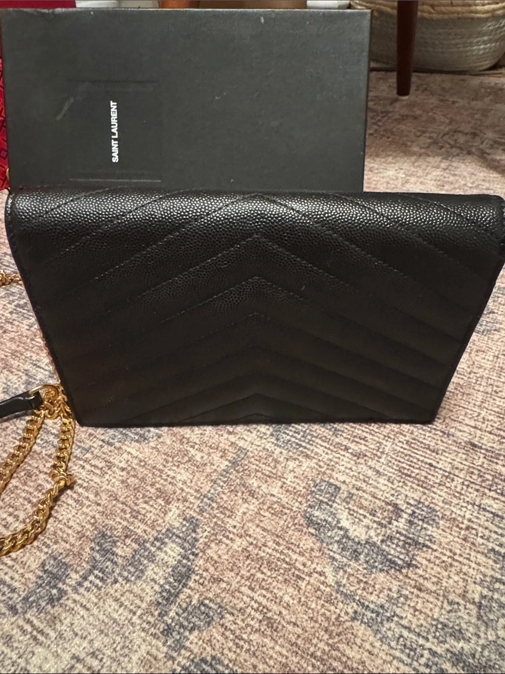 Saint Laurent Black Chevron Quilted Wallet Crossbody with Gold YSL